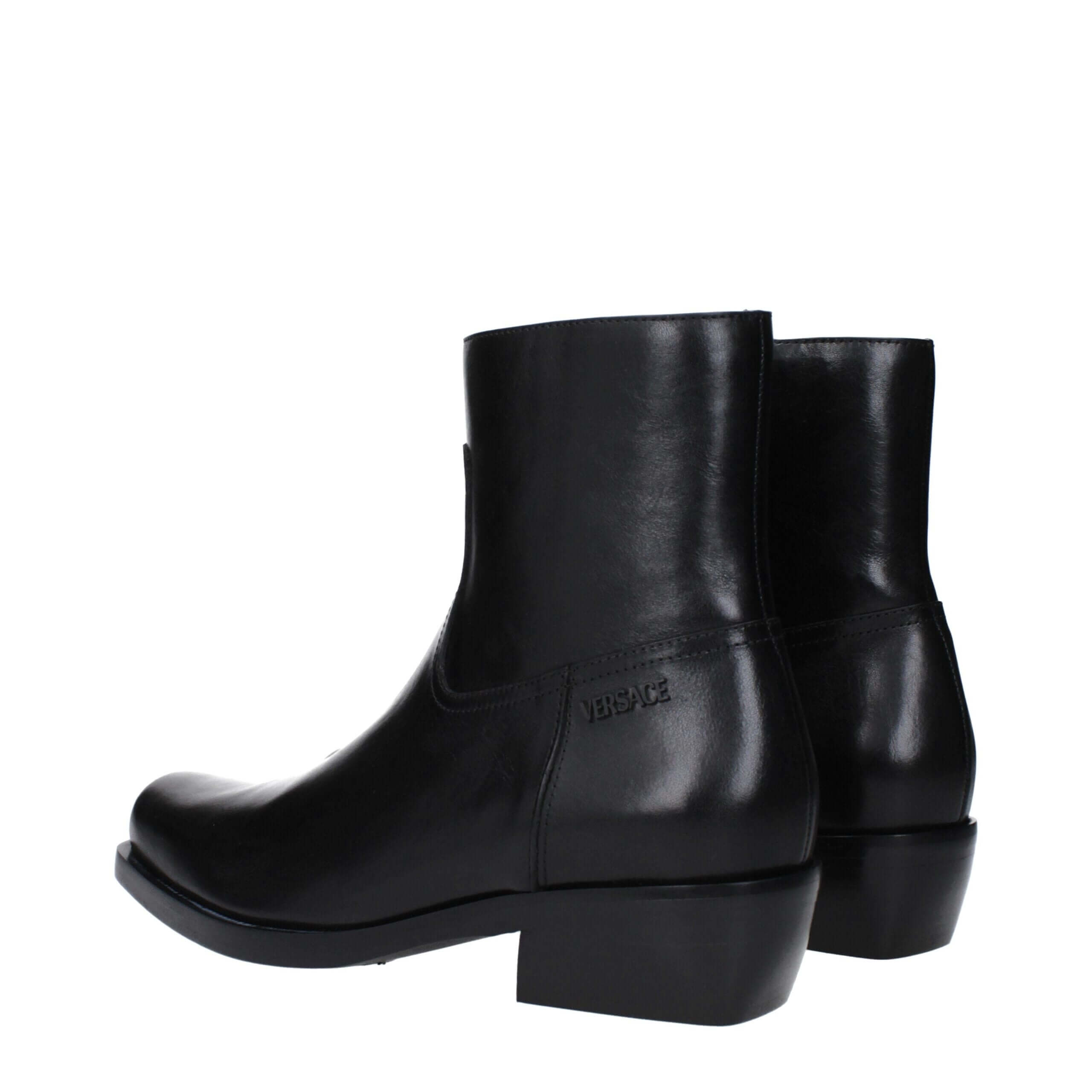 Black Leather Ankle BootsDescription: The product with MPN 10161571A110841B00E and code F82950 leather in black is a ankle boots designed by Versace. It has features like side logo. Additional Info: Style: Casual Closing type: Zip Closure Shoe sole: Leath