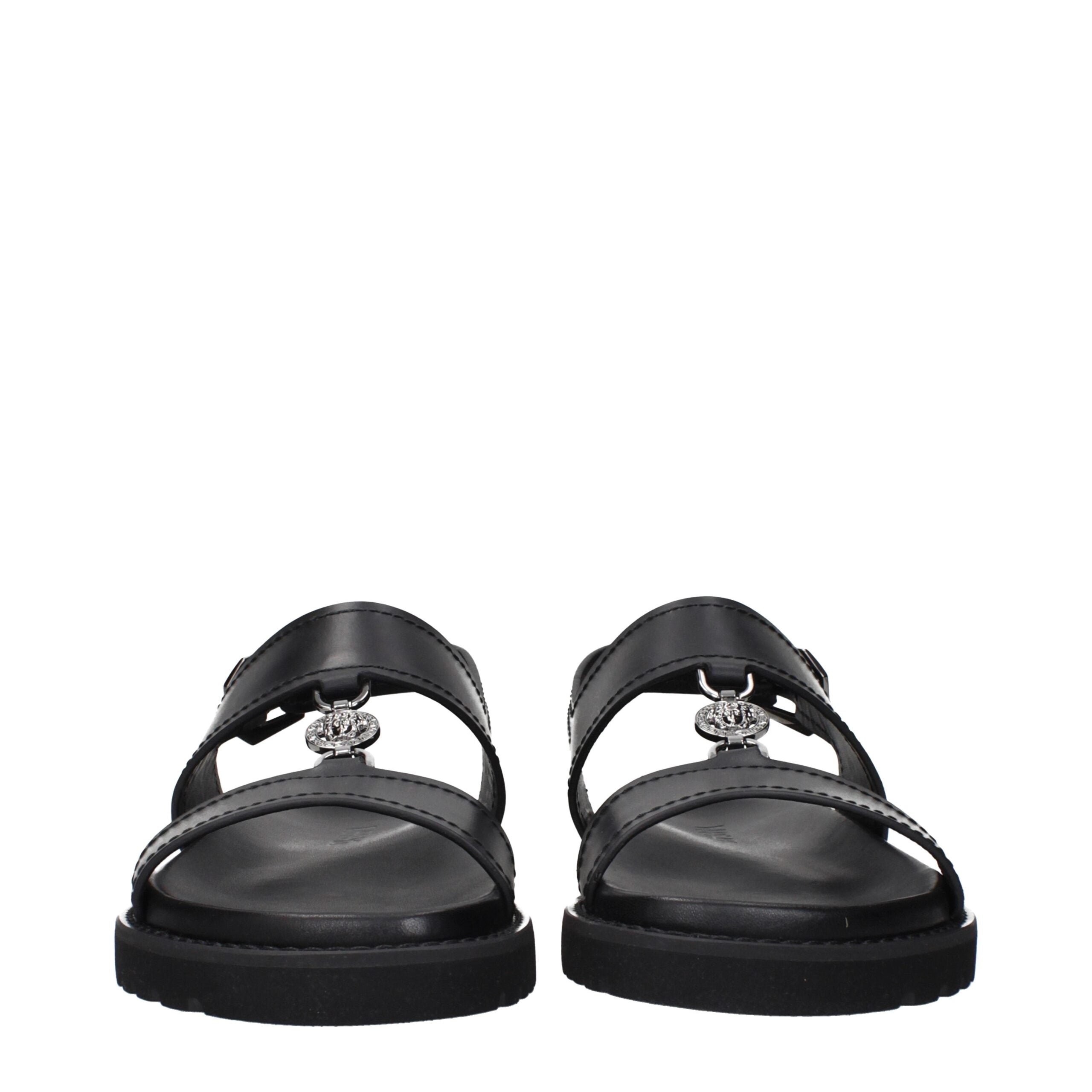 Black Leather Flat SandalsDescription: The product with MPN 10176071A135121B00E and code F84907 leather in black is a sandals designed by Versace. It has features like front detail.Black Leather Flat Sandals${tagsVersaceAulae Black Leather Flat Sandals Ve