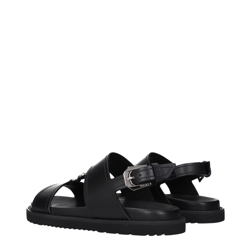 Black Leather Flat SandalsDescription: The product with MPN 10176071A135121B00E and code F84907 leather in black is a sandals designed by Versace. It has features like front detail.Black Leather Flat Sandals${tagsVersaceAulae Black Leather Flat Sandals Ve