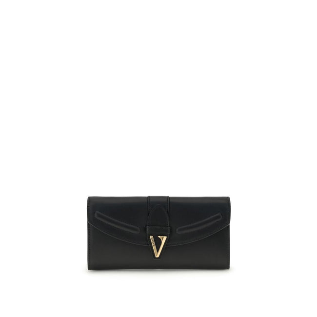 Black Calf Leather Bos Taurus WalletThe chain Wallet by Versace combines functionality and style in a compact and sophisticated design. Crafted from grained calfskin, it features a magnetic closure with a leather-covered V initial and antiqued brass-finis