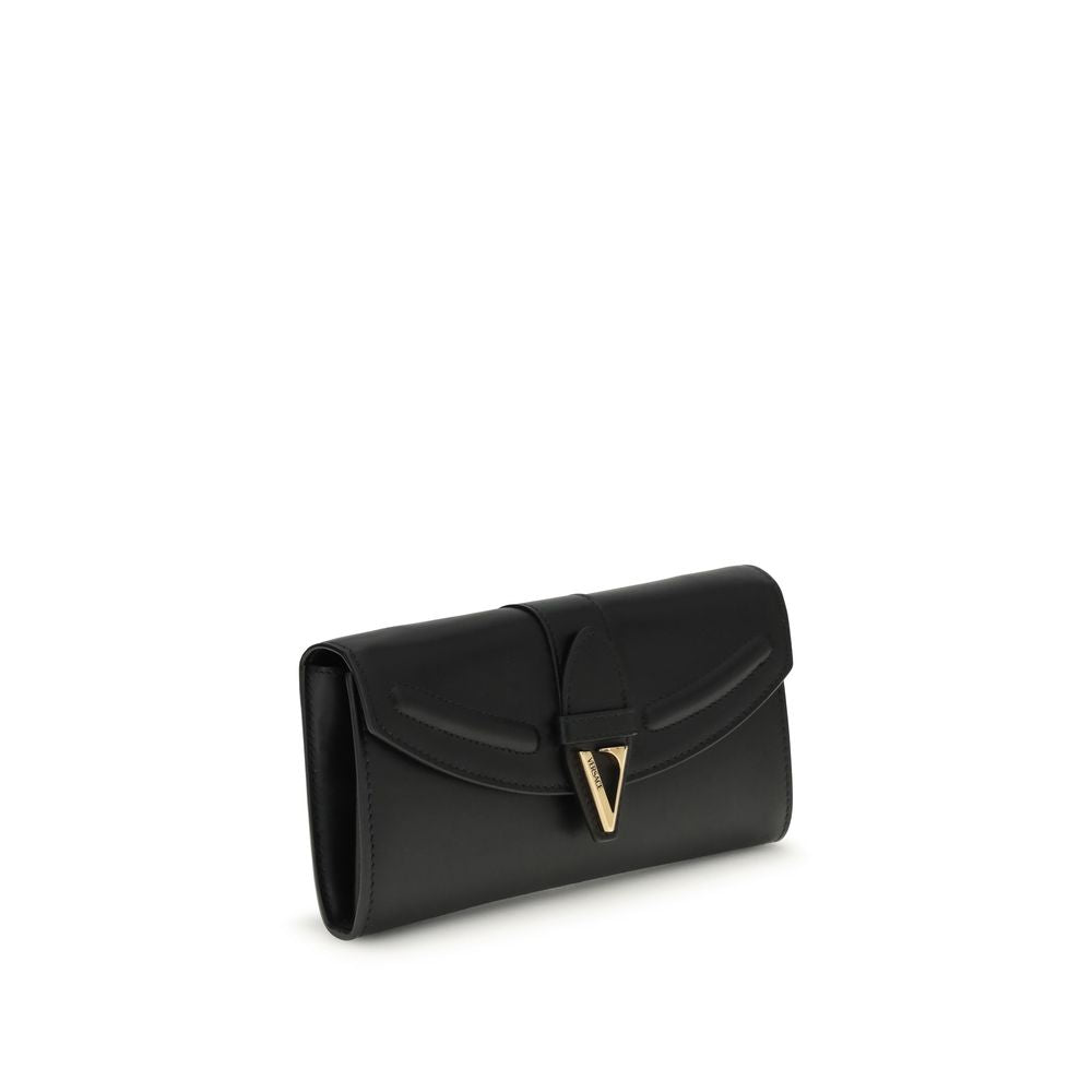 Black Calf Leather Bos Taurus WalletThe chain Wallet by Versace combines functionality and style in a compact and sophisticated design. Crafted from grained calfskin, it features a magnetic closure with a leather-covered V initial and antiqued brass-finis