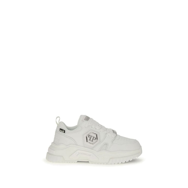 White Polyester Athletic SneakersNew Predator Sneakers by Philipp Plein add a bold and distinctive touch to your look with their bold design and quality materials. Made of a blend of synthetic leather and mesh, they feature a logo patch on the outer quart