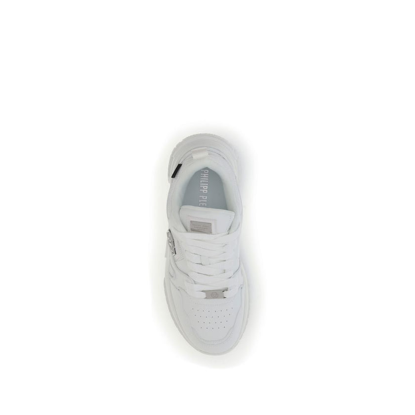 White Polyester Athletic SneakersNew Predator Sneakers by Philipp Plein add a bold and distinctive touch to your look with their bold design and quality materials. Made of a blend of synthetic leather and mesh, they feature a logo patch on the outer quart