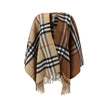 Brown Cashmere CoatMerino Wool Cape by Burberry, the brand’s iconic Archival Check pattern, frayed hems, contrasting printed brand monogram on front, shawl lapels on front. Season: AW25 Composition: 49% Kashmir/capra Hircus 51% Merino Wool MADE IN GREAT B