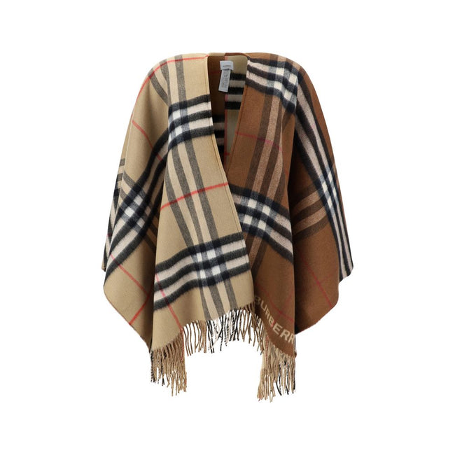 Brown Cashmere CoatMerino Wool Cape by Burberry, the brand’s iconic Archival Check pattern, frayed hems, contrasting printed brand monogram on front, shawl lapels on front. Season: AW25 Composition: 49% Kashmir/capra Hircus 51% Merino Wool MADE IN GREAT B