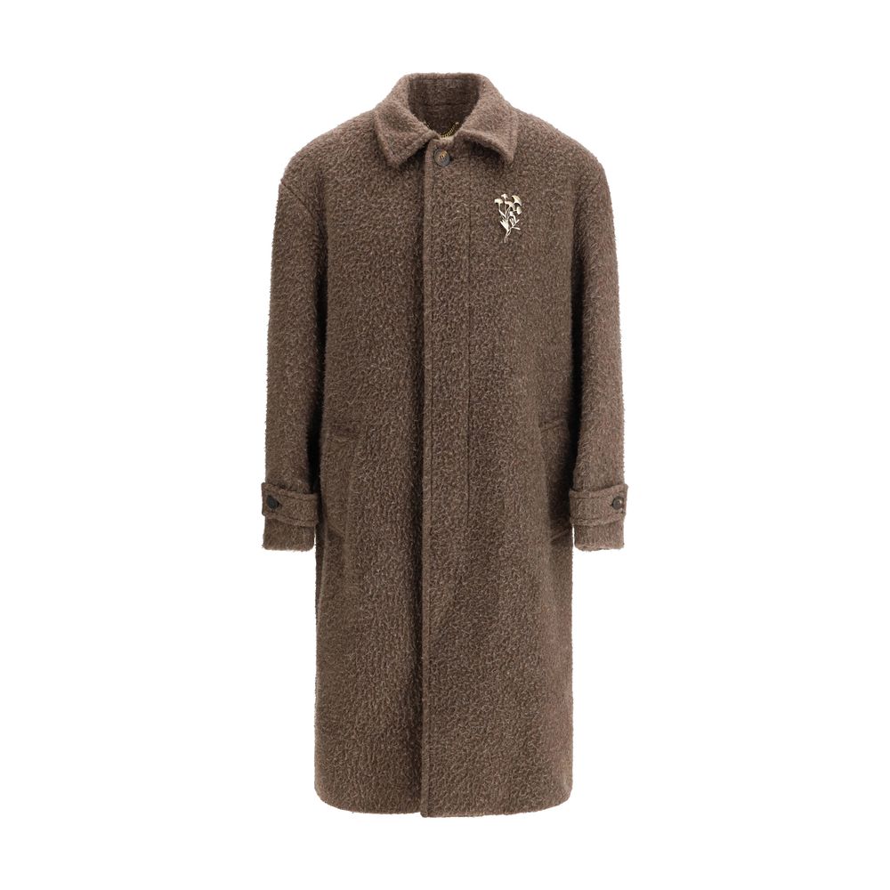 Brown Wool Blend Coat with Floral Pin