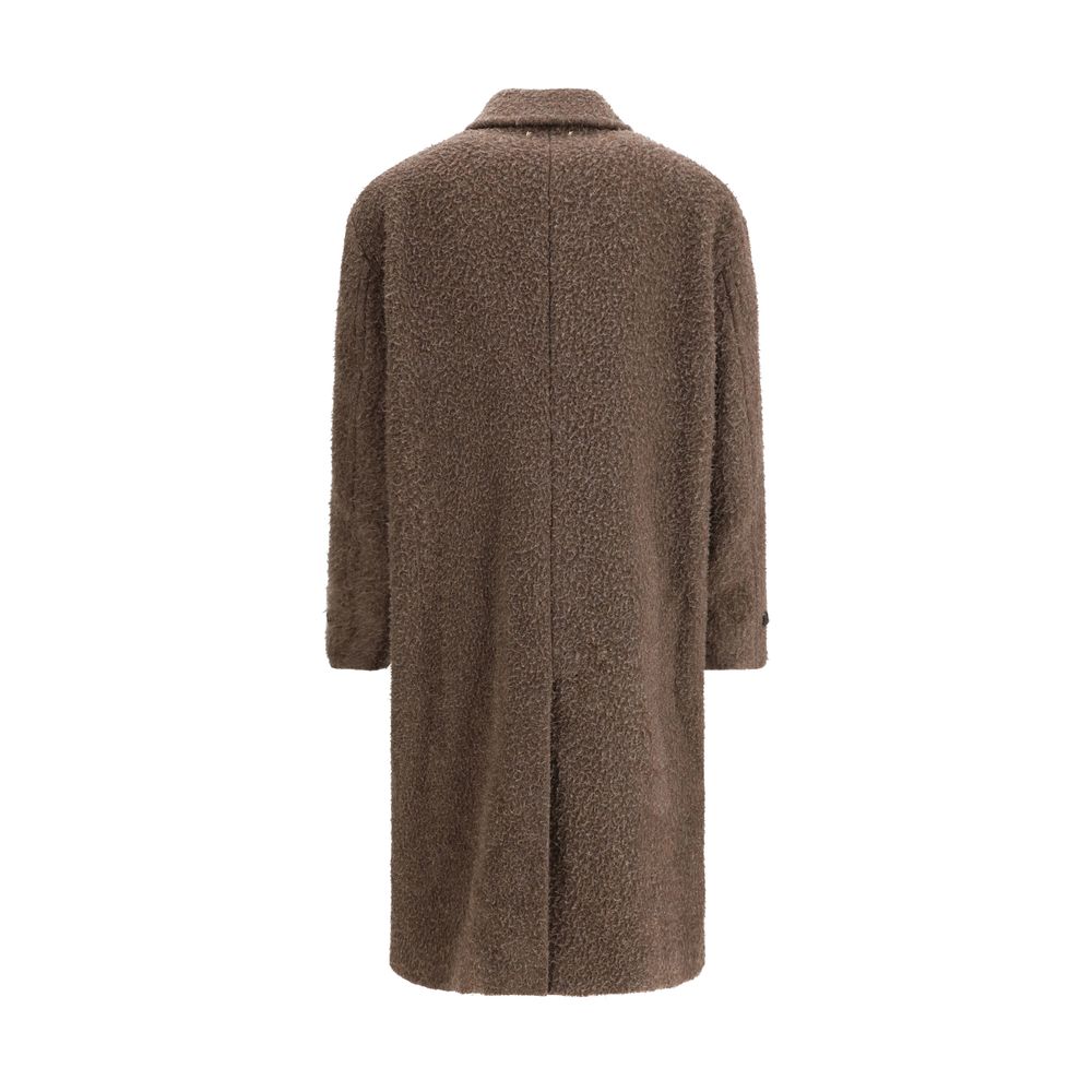 Brown Wool Blend Coat with Floral Pin