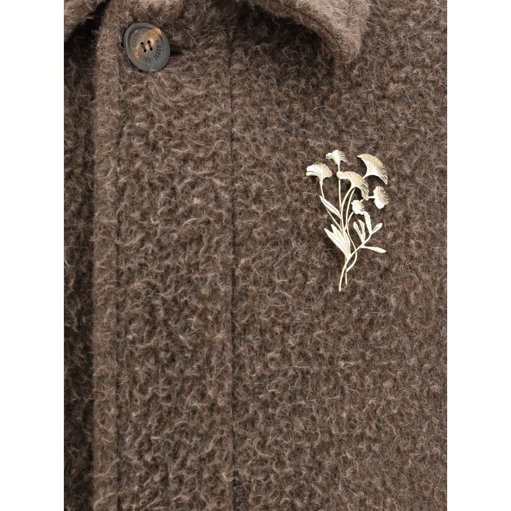 Brown Wool Blend Coat with Bronze Floral Pin