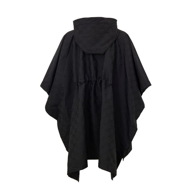 Black Polyester Trench CoatBlack Cape with Web Logo and Gucci GG Monogram Print. In black technical fabric, allover logo, maxi contrasting Gucci Web Logo on the front, adjustable hood and half zip on the front. Buttons on the sides to adjust the fit, adju