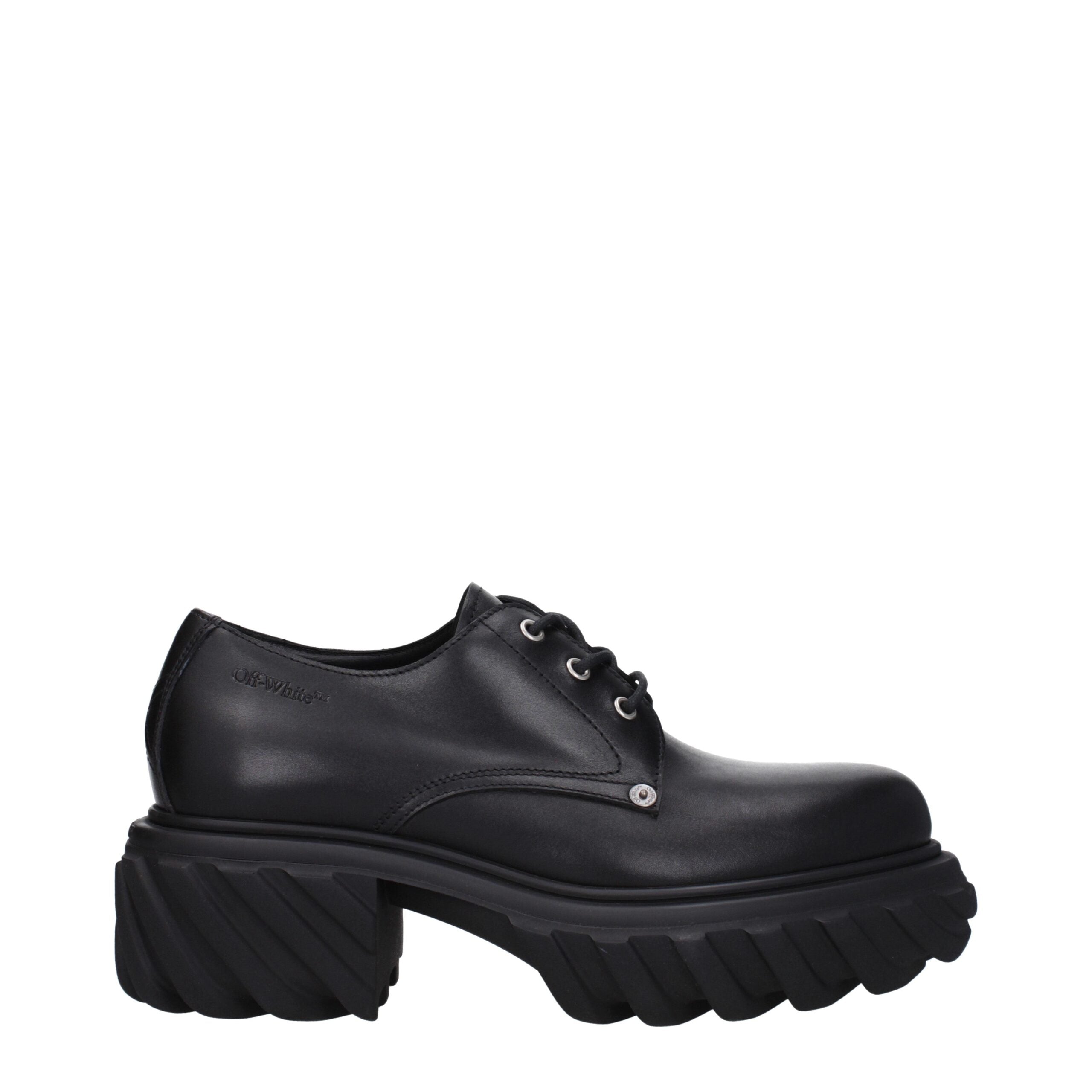 Black Leather Oxfords And DerbiesDescription: The product with MPN OMIF029LEA0011010 and code F79785 leather in black is a lace up and monkstrap designed by Off-White. It has features like back detail, back logo, side logo. Additional Info: Style: Casual