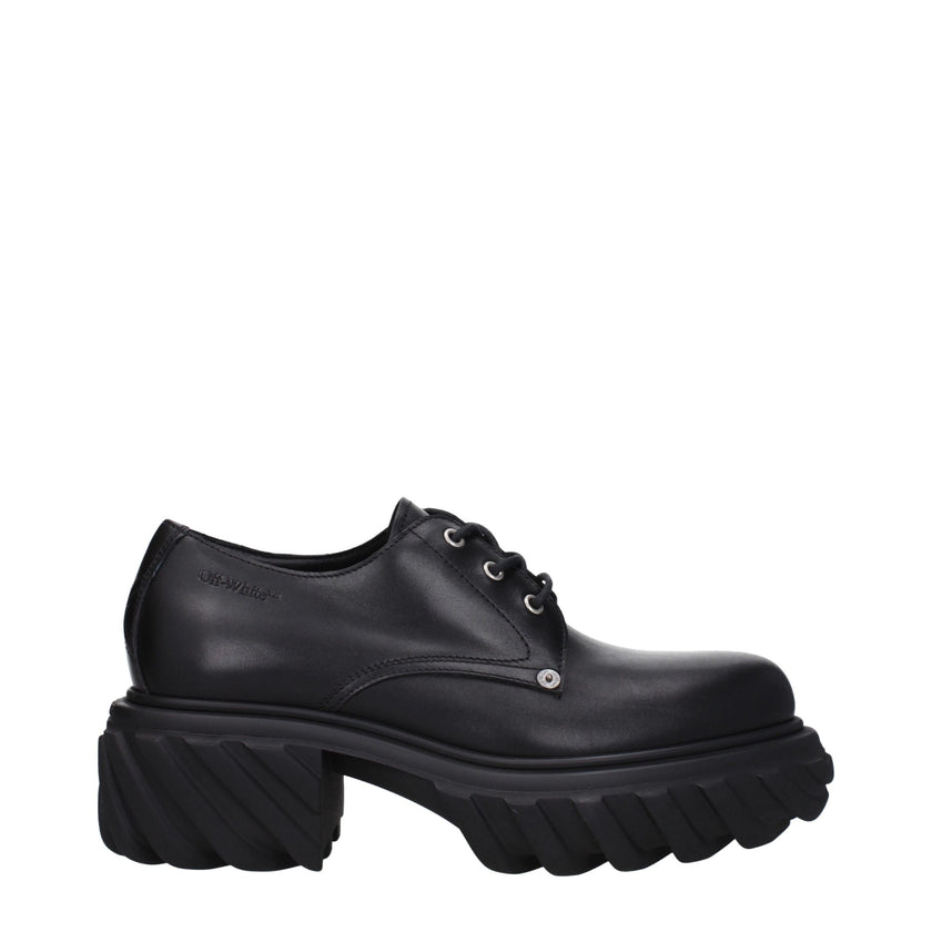 Black Leather Oxfords And DerbiesDescription: The product with MPN OMIF029LEA0011010 and code F79785 leather in black is a lace up and monkstrap designed by Off-White. It has features like back detail, back logo, side logo. Additional Info: Style: Casual