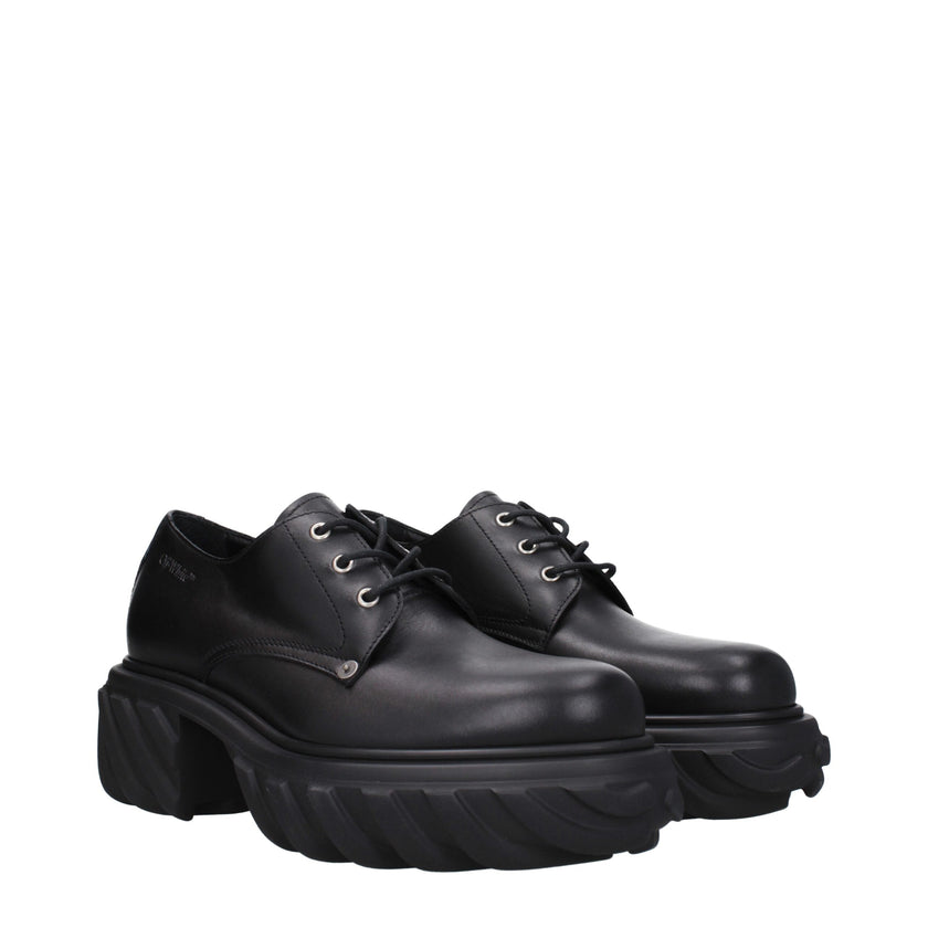 Black Leather Oxfords And DerbiesDescription: The product with MPN OMIF029LEA0011010 and code F79785 leather in black is a lace up and monkstrap designed by Off-White. It has features like back detail, back logo, side logo. Additional Info: Style: Casual