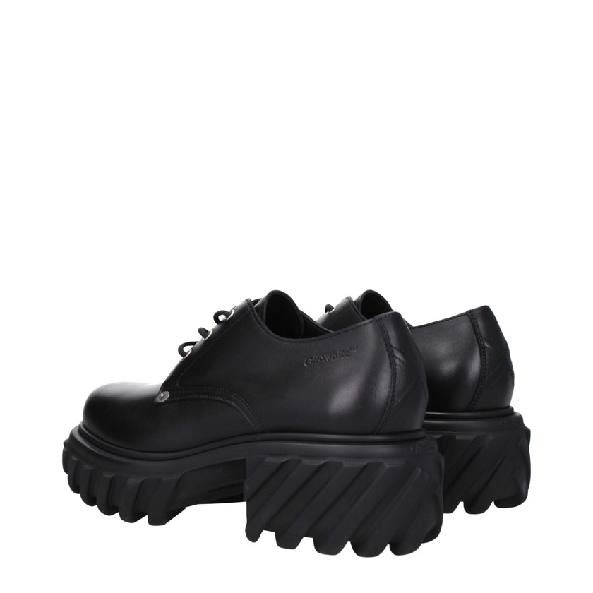 Black Leather Oxfords And DerbiesDescription: The product with MPN OMIF029LEA0011010 and code F79785 leather in black is a lace up and monkstrap designed by Off-White. It has features like back detail, back logo, side logo. Additional Info: Style: Casual