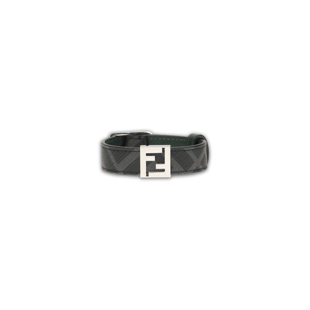 Black Calf Leather Bos Taurus BraceletFF Bracelet by Fendi is an elegant and versatile accessory designed to stylishly complete both casual and more formal looks. Reversible, it is made of iconic black FF Canvas with a dark green leather interior, offerin