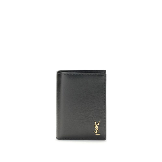 Black Calf Leather Bos Taurus WalletThe Tiny Cassandre credit Card Holder by Saint Laurent is a compact and sophisticated accessory designed for discreet elegance. Crafted with attention to detail, it is embellished with the YSL initials in pint-sized met