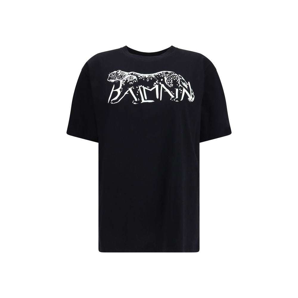 Black Cotton T-ShirtThe Balmain T-shirt is a bold piece that combines comfort with contemporary style. Crafted from soft cotton, it features an oversized fit, a round neckline, and short sleeves. The leopard print, enhanced by the brand’s iconic lettering