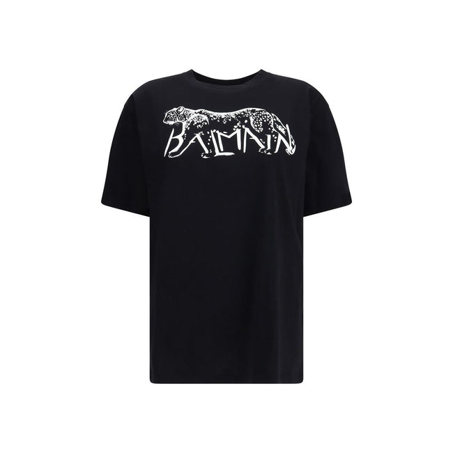 Black Cotton T-ShirtThe Balmain T-shirt is a bold piece that combines comfort with contemporary style. Crafted from soft cotton, it features an oversized fit, a round neckline, and short sleeves. The leopard print, enhanced by the brand’s iconic lettering