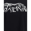 Black Cotton T-ShirtThe Balmain T-shirt is a bold piece that combines comfort with contemporary style. Crafted from soft cotton, it features an oversized fit, a round neckline, and short sleeves. The leopard print, enhanced by the brand’s iconic lettering