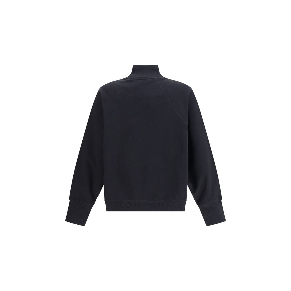 Black Cotton SweatshirtThe High-neck Sweatshirt stands out for its bold and contemporary character. Crafted with ribbed detailing at the collar, cuffs, and hem, it features a raised velour front print highlighting the brand’s logo, adding a refined touch
