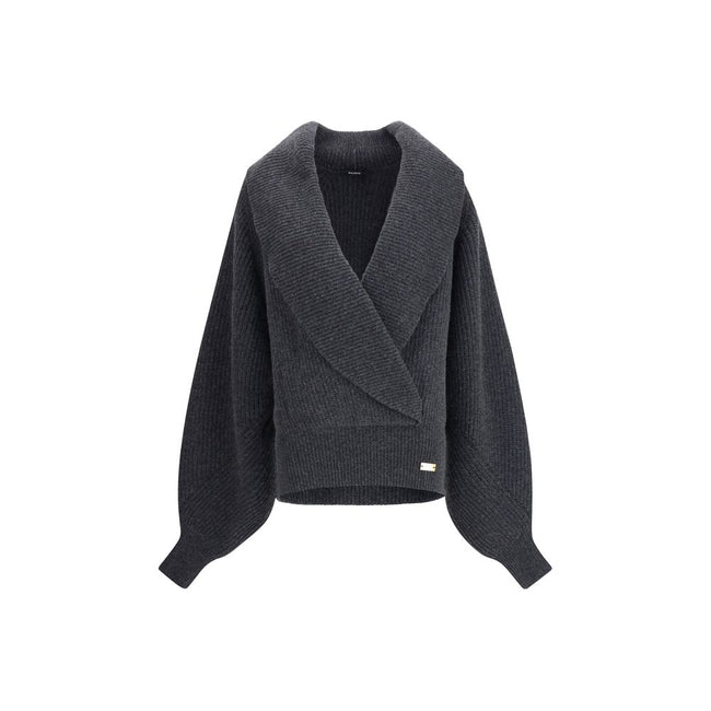 Gray Wool SweatshirtThe oversized wrap-effect Sweater by Balmain is crafted in knit with a deep lapel neckline and crossover design. Featuring batwing long sleeves and contrasting ribbed trims, it embodies a modern silhouette. A Balmain Paris branded tag