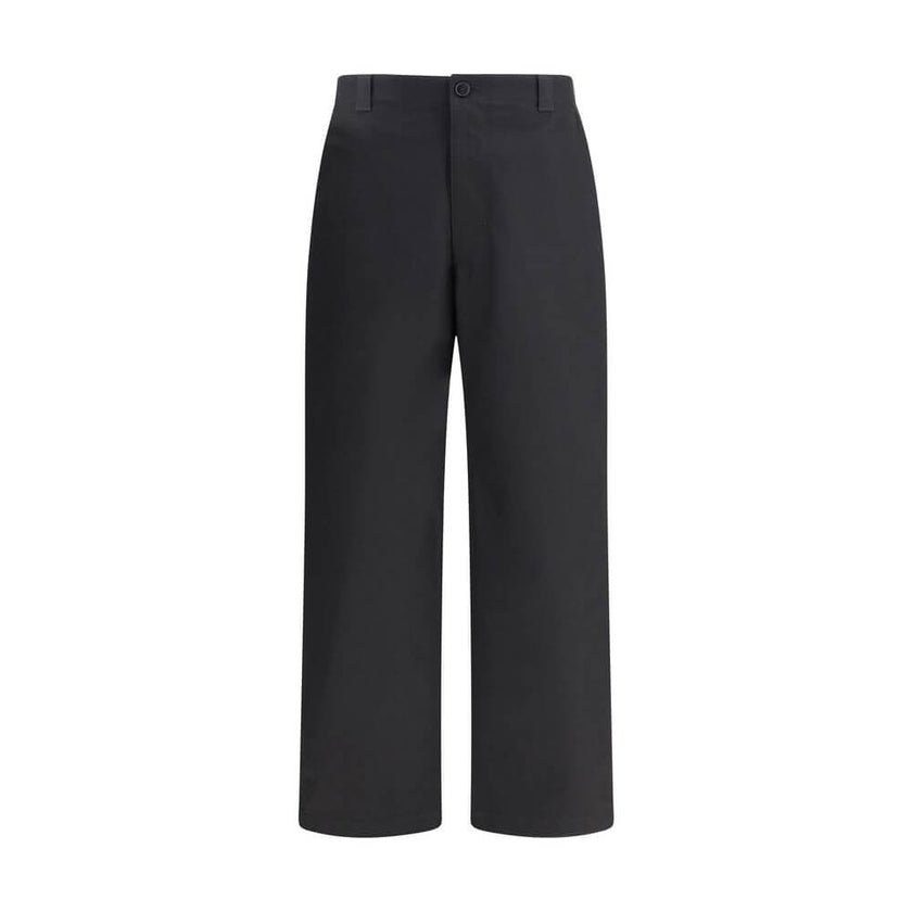 Black Cotton Casual PantsCotton Pants by Gucci with front zipper and button closure. They feature two side slash pockets, two welt pockets on the back, one with a flap, and belt loops at the waist. The monochrome pattern gives a clean and elegant look, pe