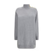 Gray Cashmere Casual DressThe Short Cashmere Sweater Dress by Balmain combines the softness of eco-friendly cashmere with a design of strong character. The high neck is detailed with a four-snap closure concealed under the placket, while decorative “Lion