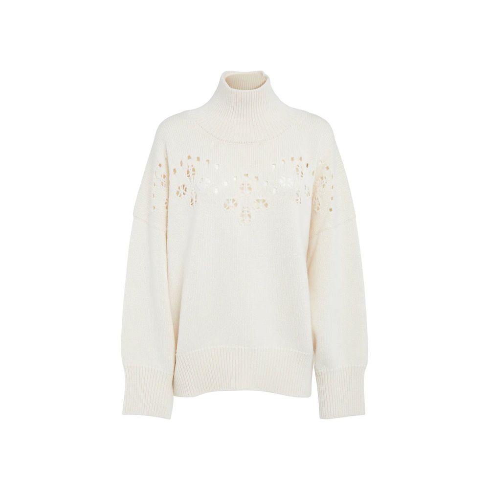 White Wool SweaterDescription: – Composition: 100% Wool – Long sleeves – Ribbed trims – Hand wash – High neck – Pointelle knit – Perforated detailing – Drop shoulder – Bishop sleeves – Made in Italy – Gender: WOMEN –White Wool Sweater${tagsChloéAulae Whit