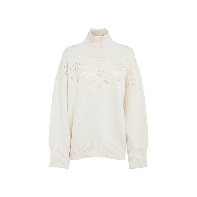 White Wool SweaterDescription: – Composition: 100% Wool – Long sleeves – Ribbed trims – Hand wash – High neck – Pointelle knit – Perforated detailing – Drop shoulder – Bishop sleeves – Made in Italy – Gender: WOMEN –White Wool Sweater${tagsChloéAulae Whit