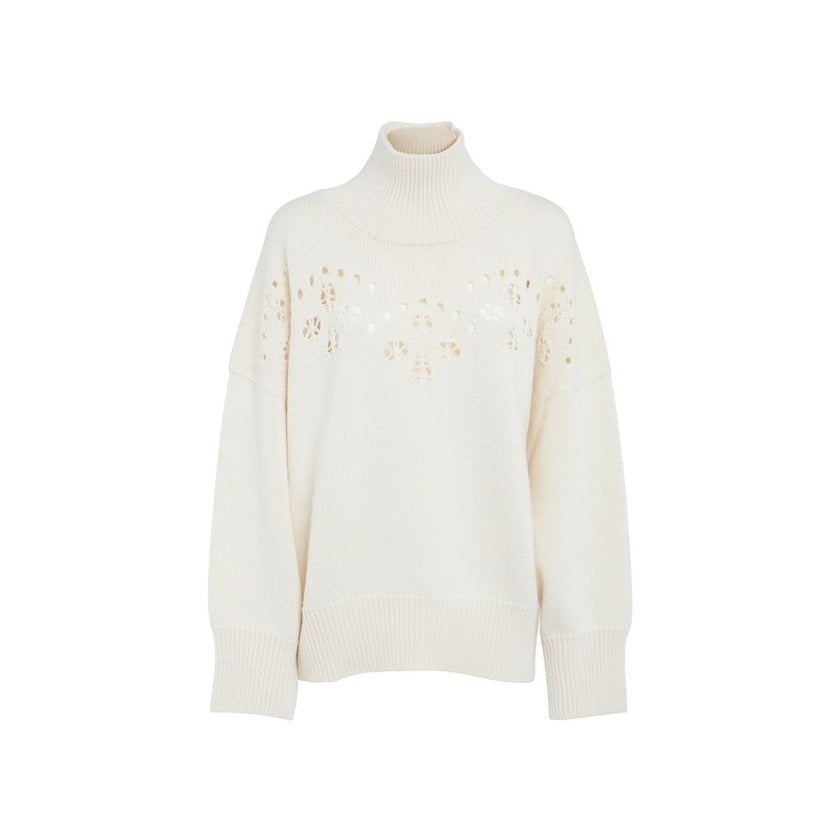 White Wool SweaterDescription: – Composition: 100% Wool – Long sleeves – Ribbed trims – Hand wash – High neck – Pointelle knit – Perforated detailing – Drop shoulder – Bishop sleeves – Made in Italy – Gender: WOMEN –White Wool Sweater${tagsChloéAulae Whit