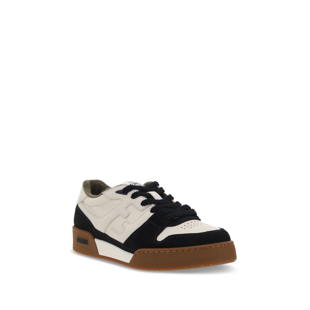 Black Calf Leather Bos Taurus Low Top SneakersCalfskin Match Low Sneakers by Fendi featuring lace-up front closure, paneled design with suede inserts, iconic brand FF logo on embossed side panels, perforated round toe, iconic brand signature patch embroid