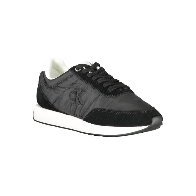 Black Leather Women SneakerStep into the urban jungle with unapologetic style in these Calvin Klein sneakers. Boasting a sleek black aesthetic punctuated by bold contrasting white details, these shoes are a sartorial staple for the fashion-forward. Design