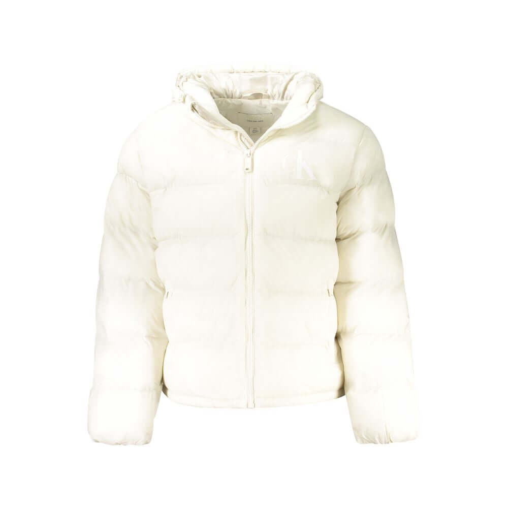 White Polyamide Men's JacketElevate your wardrobe with the sleek sophistication of a Calvin Klein masterpiece. This long-sleeved jacket, flaunting a removable hood for versatile style, is the epitome of urban chic. Equipped with a quartet of pockets, two