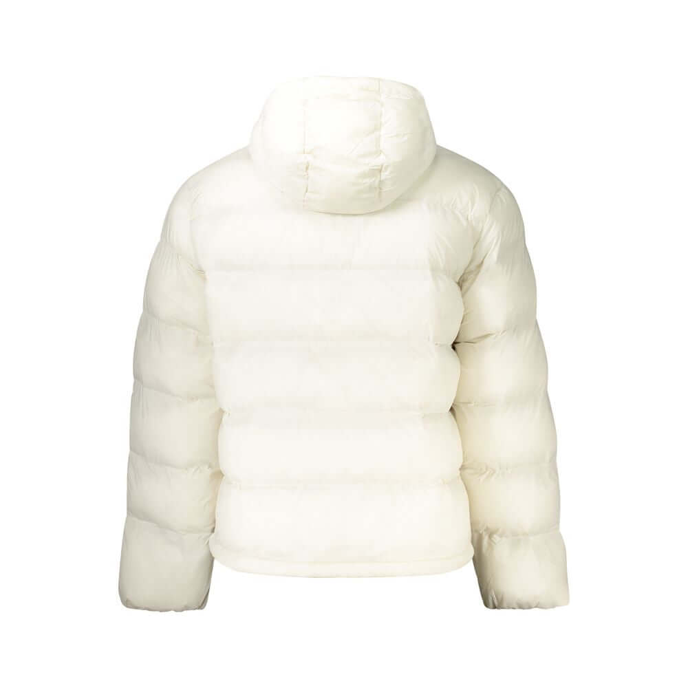 White Polyamide Men's JacketElevate your wardrobe with the sleek sophistication of a Calvin Klein masterpiece. This long-sleeved jacket, flaunting a removable hood for versatile style, is the epitome of urban chic. Equipped with a quartet of pockets, two