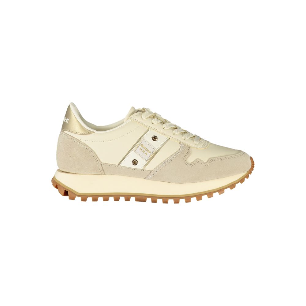 Beige Leather Sneakers with Gold Accents