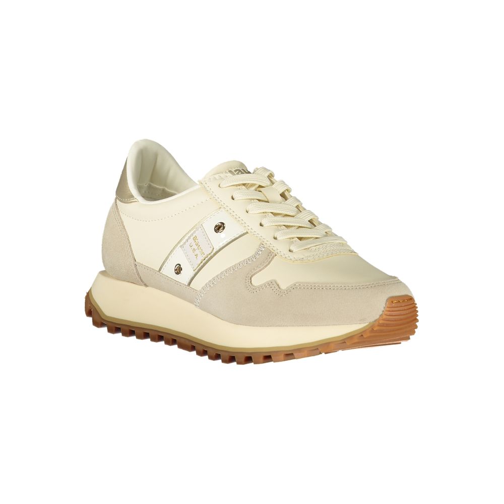 Beige Leather Sneakers with Gold Accents