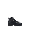 Black Rubber Lace-Up BootsLeather Ankle Boots by Prada reinterpret a wardrobe classic with a bold, contemporary attitude. Featuring a front lace-up closure and a handy pull-on at the back for easy donning, they feature a slip-resistant rubber lug sole tha