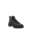 Black Rubber Lace-Up BootsLeather Ankle Boots by Prada reinterpret a wardrobe classic with a bold, contemporary attitude. Featuring a front lace-up closure and a handy pull-on at the back for easy donning, they feature a slip-resistant rubber lug sole tha