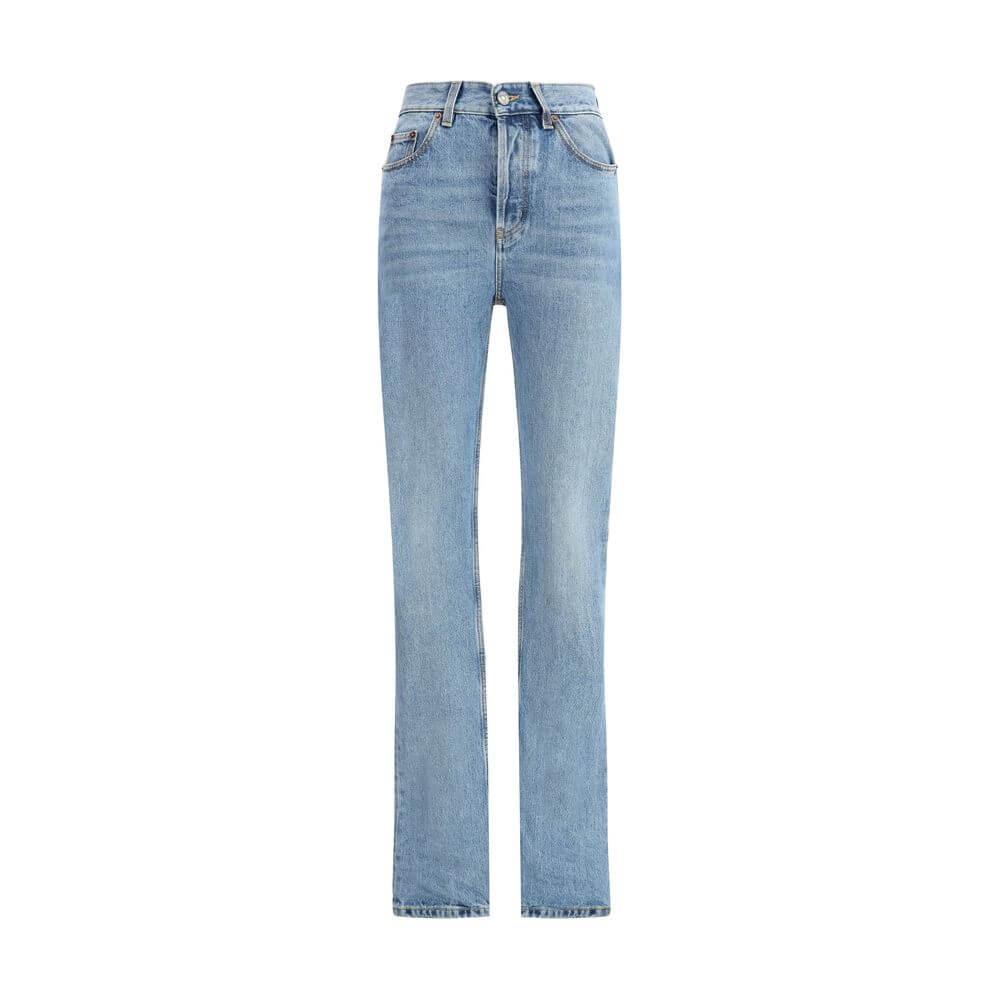 Light Blue Cotton Slim Fit JeansThe 90s-inspired slim-fit jeans in denim feature a high-rise waist and a straight, elongated leg. The classic five-pocket design is detailed with belt loops at the waist and a front button fastening with button fly. A leath