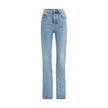Light Blue Cotton Slim Fit JeansThe 90s-inspired slim-fit jeans in denim feature a high-rise waist and a straight, elongated leg. The classic five-pocket design is detailed with belt loops at the waist and a front button fastening with button fly. A leath
