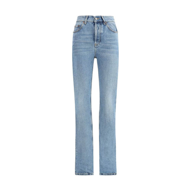 Light Blue Cotton Slim Fit JeansThe 90s-inspired slim-fit jeans in denim feature a high-rise waist and a straight, elongated leg. The classic five-pocket design is detailed with belt loops at the waist and a front button fastening with button fly. A leath