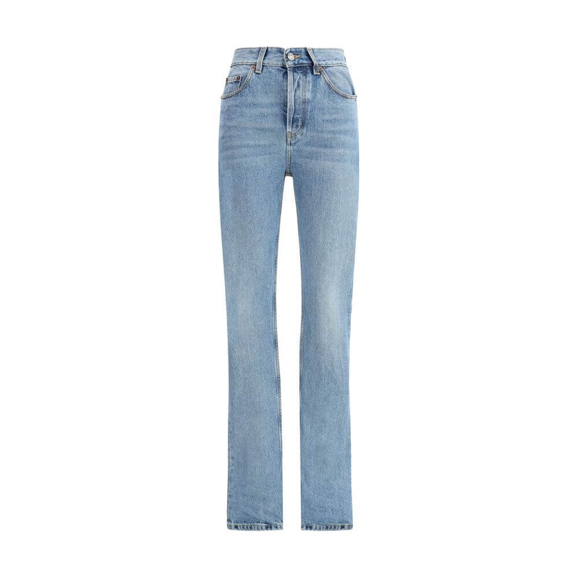 Light Blue Cotton Slim Fit JeansThe 90s-inspired slim-fit jeans in denim feature a high-rise waist and a straight, elongated leg. The classic five-pocket design is detailed with belt loops at the waist and a front button fastening with button fly. A leath