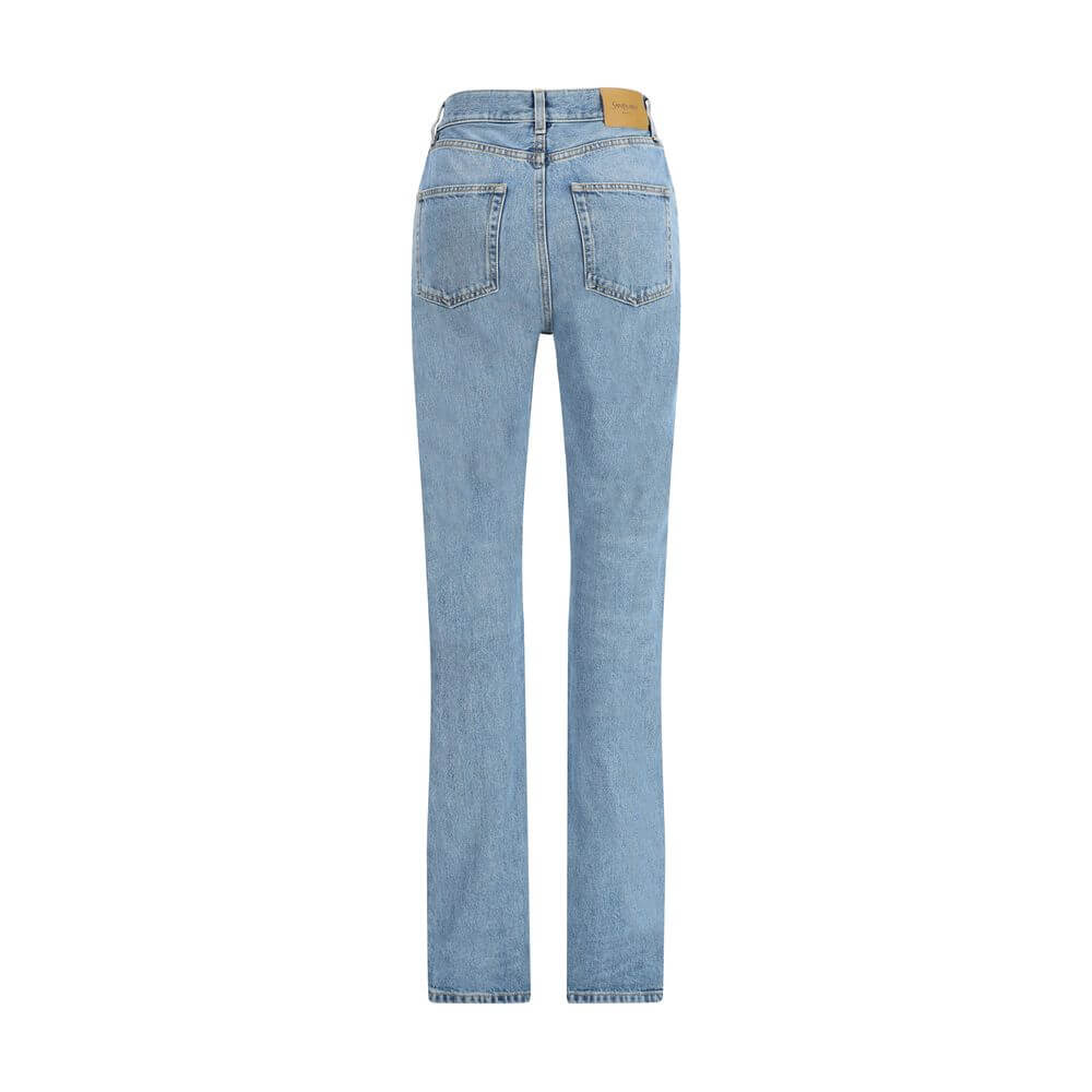 Light Blue Cotton Slim Fit JeansThe 90s-inspired slim-fit jeans in denim feature a high-rise waist and a straight, elongated leg. The classic five-pocket design is detailed with belt loops at the waist and a front button fastening with button fly. A leath
