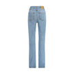 Light Blue Cotton Slim Fit JeansThe 90s-inspired slim-fit jeans in denim feature a high-rise waist and a straight, elongated leg. The classic five-pocket design is detailed with belt loops at the waist and a front button fastening with button fly. A leath