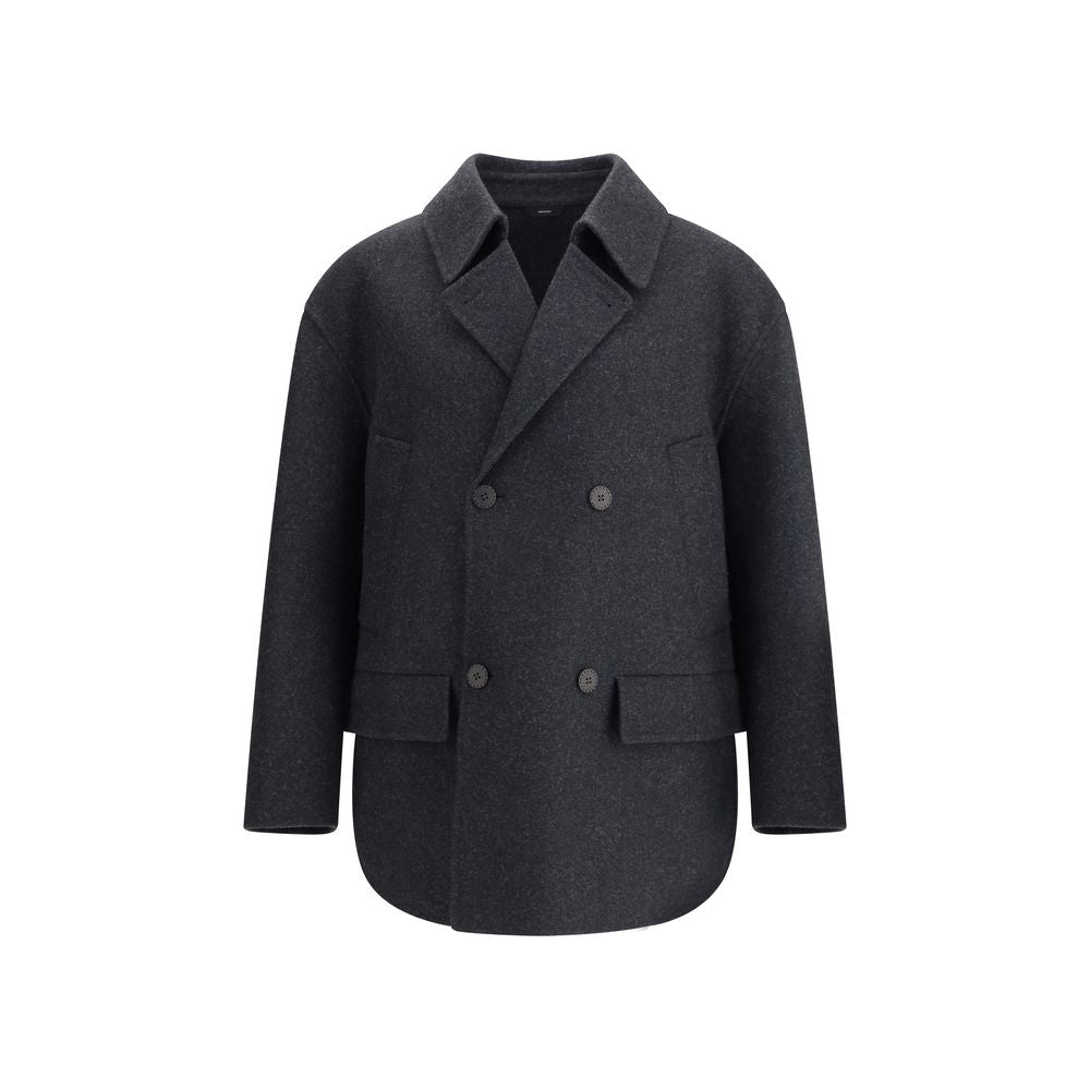 Gray Fleece Wool CoatThe double-breasted Caban Coat in double mélange wool felt by Fendi offers a refined take on a timeless outerwear silhouette. Featuring a shirt collar and long sleeves with dropped shoulders, it presents a relaxed, modern line. Diagon