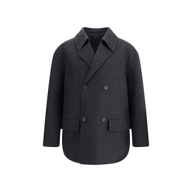 Gray Fleece Wool CoatThe double-breasted Caban Coat in double mélange wool felt by Fendi offers a refined take on a timeless outerwear silhouette. Featuring a shirt collar and long sleeves with dropped shoulders, it presents a relaxed, modern line. Diagon