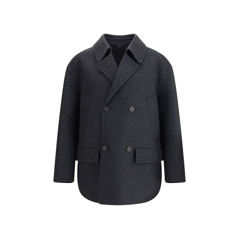 Gray Fleece Wool CoatThe double-breasted Caban Coat in double mélange wool felt by Fendi offers a refined take on a timeless outerwear silhouette. Featuring a shirt collar and long sleeves with dropped shoulders, it presents a relaxed, modern line. Diagon