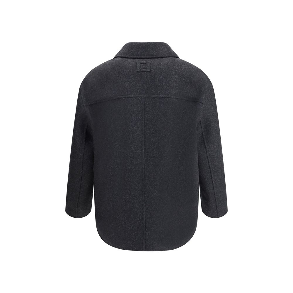Gray Fleece Wool CoatThe double-breasted Caban Coat in double mélange wool felt by Fendi offers a refined take on a timeless outerwear silhouette. Featuring a shirt collar and long sleeves with dropped shoulders, it presents a relaxed, modern line. Diagon