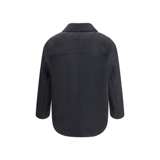 Gray Fleece Wool CoatThe double-breasted Caban Coat in double mélange wool felt by Fendi offers a refined take on a timeless outerwear silhouette. Featuring a shirt collar and long sleeves with dropped shoulders, it presents a relaxed, modern line. Diagon