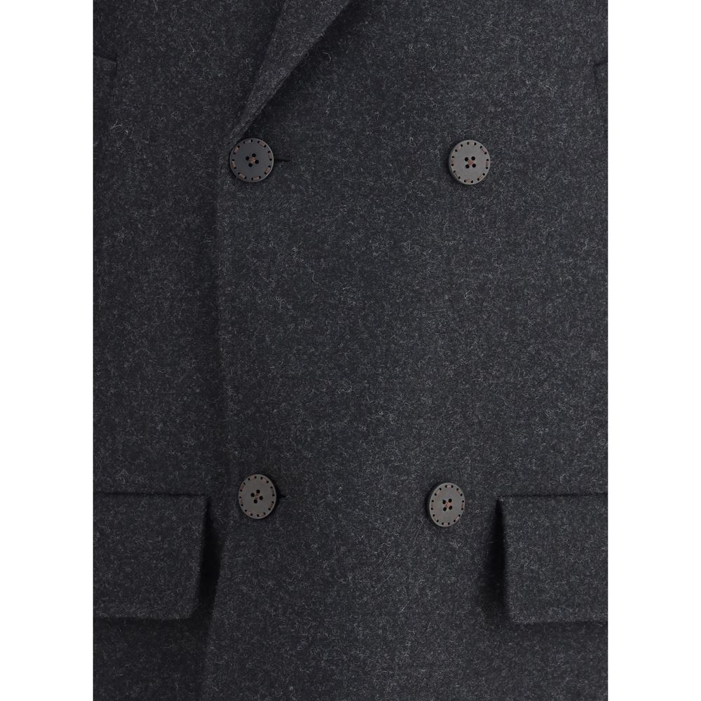 Gray Fleece Wool CoatThe double-breasted Caban Coat in double mélange wool felt by Fendi offers a refined take on a timeless outerwear silhouette. Featuring a shirt collar and long sleeves with dropped shoulders, it presents a relaxed, modern line. Diagon