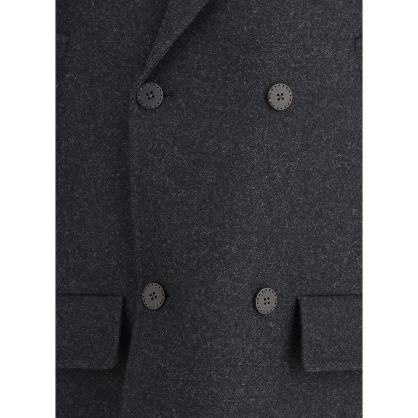 Gray Fleece Wool CoatThe double-breasted Caban Coat in double mélange wool felt by Fendi offers a refined take on a timeless outerwear silhouette. Featuring a shirt collar and long sleeves with dropped shoulders, it presents a relaxed, modern line. Diagon